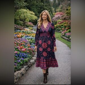 Anthropologie NWT Farm Rio x Antropologie Puff-Sleeve V-Neck Midi Dress M.